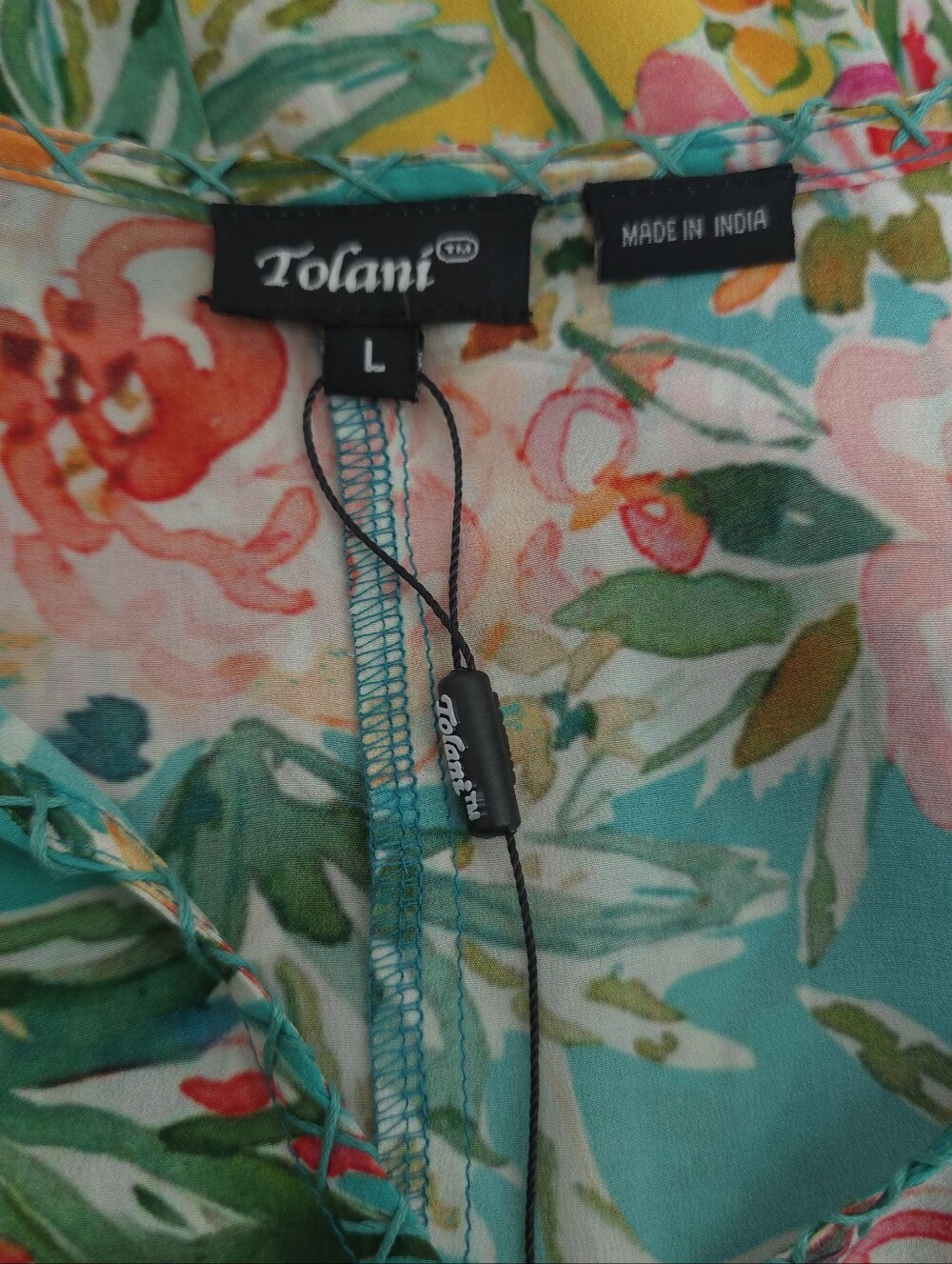 Tolani 100% Silk Blue/Yellow Floral Tassle Long Sleeve Size L - Picture 8 of 12